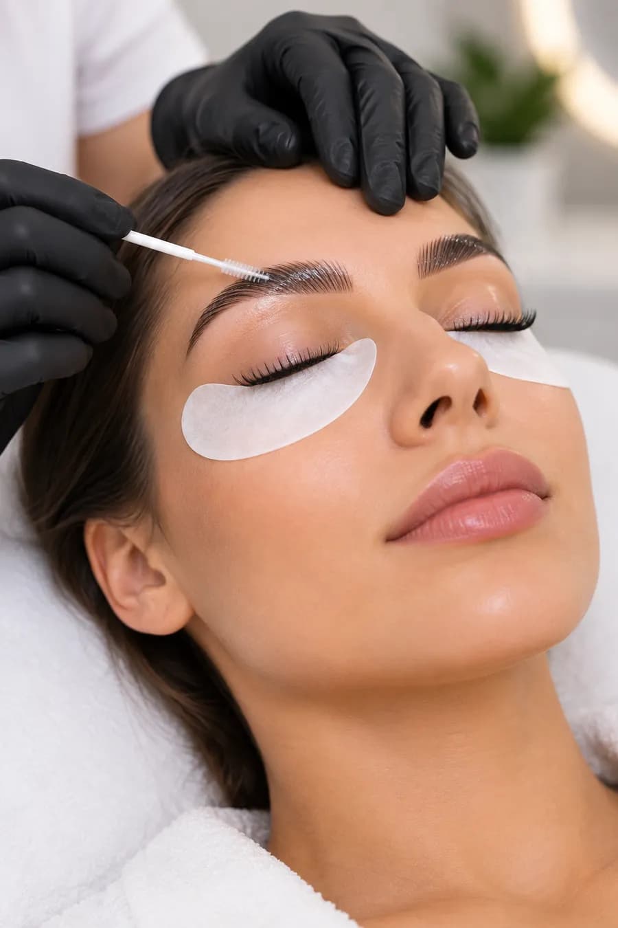 Brow tinting in progress, with the client’s eyes closed and under-eye patches in place