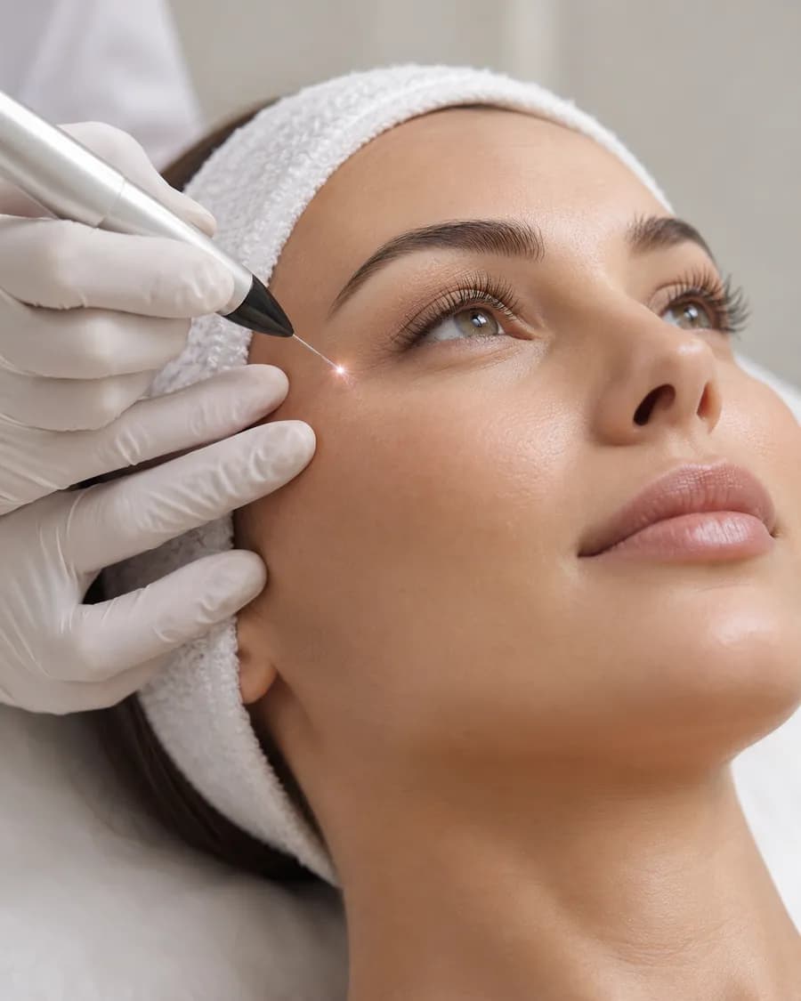 A plasma fibroblasting handpiece being used on the skin beside the eye