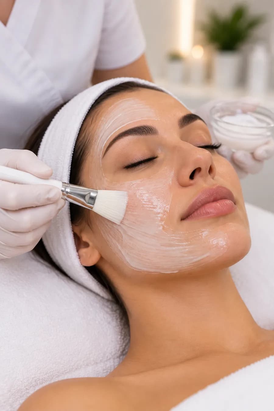A treatment mask being brushed onto a client’s face during a facial