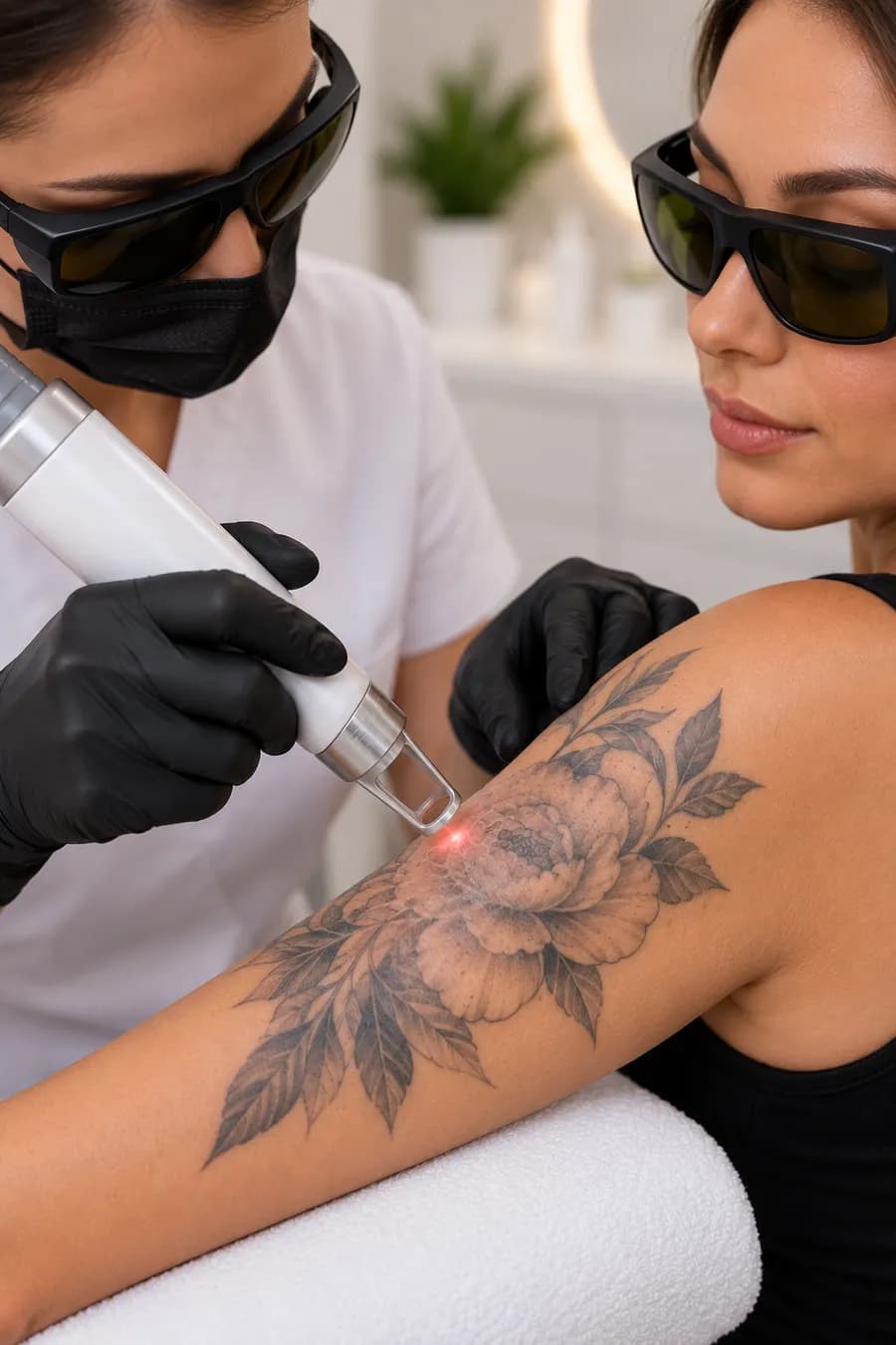Laser tattoo removal on the upper arm, with both practitioner and client wearing protective goggles
