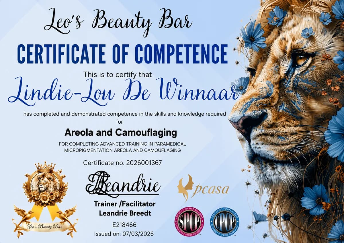 Certificate of competence in Areola and Camouflaging, issued by Leo's Beauty Bar in March 2026