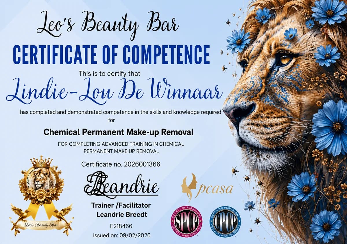 Certificate of competence in Chemical Permanent Make-up Removal, issued by Leo's Beauty Bar in February 2026