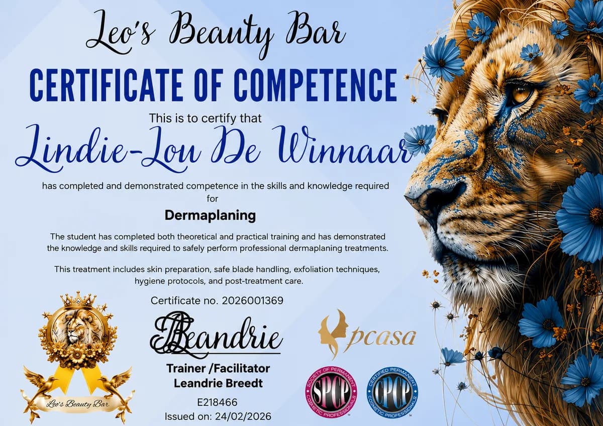 Certificate of competence in Dermaplaning, issued by Leo's Beauty Bar in February 2026