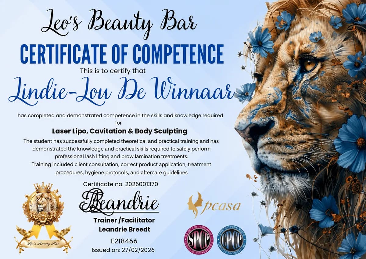Certificate of competence in Laser Lipo, Cavitation and Body Sculpting, issued by Leo's Beauty Bar in February 2026