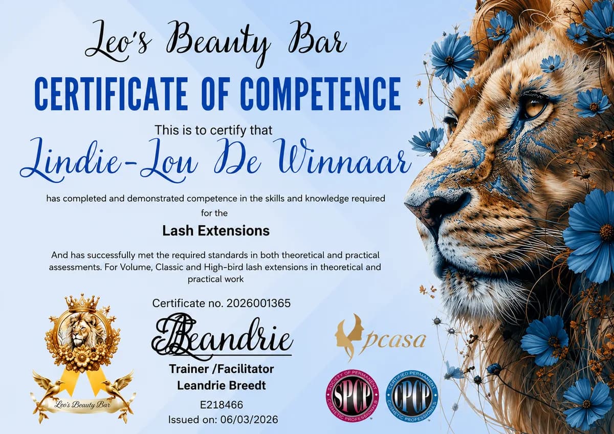 Certificate of competence in Lash Extensions, issued by Leo's Beauty Bar in March 2026