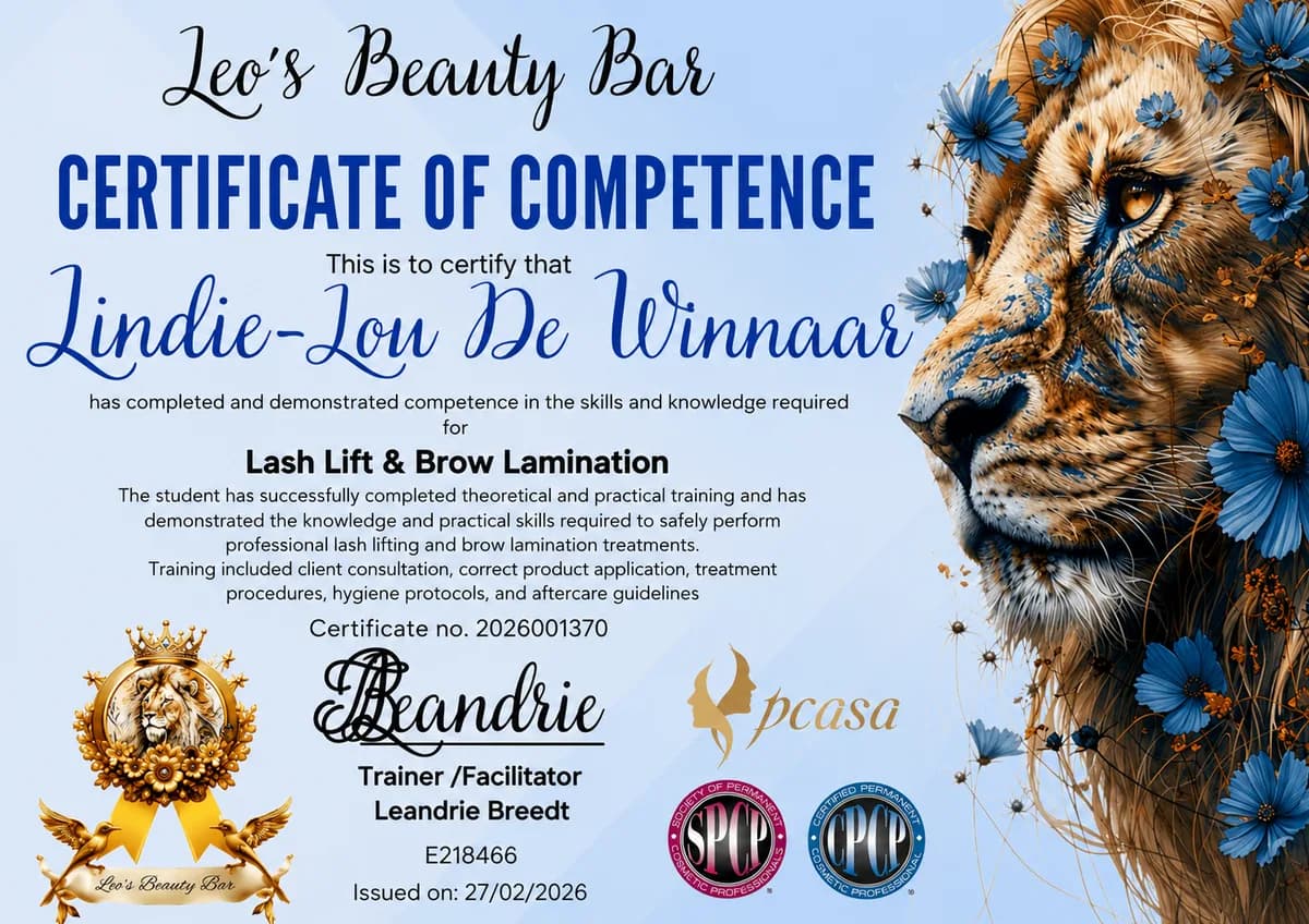 Certificate of competence in Lash Lift and Brow Lamination, issued by Leo's Beauty Bar in February 2026
