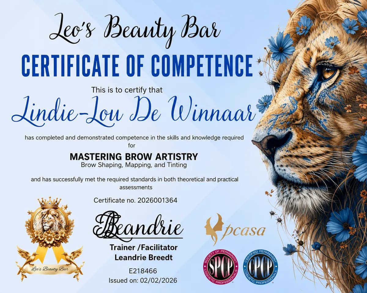 Certificate of competence in Mastering Brow Artistry, issued by Leo's Beauty Bar in February 2026
