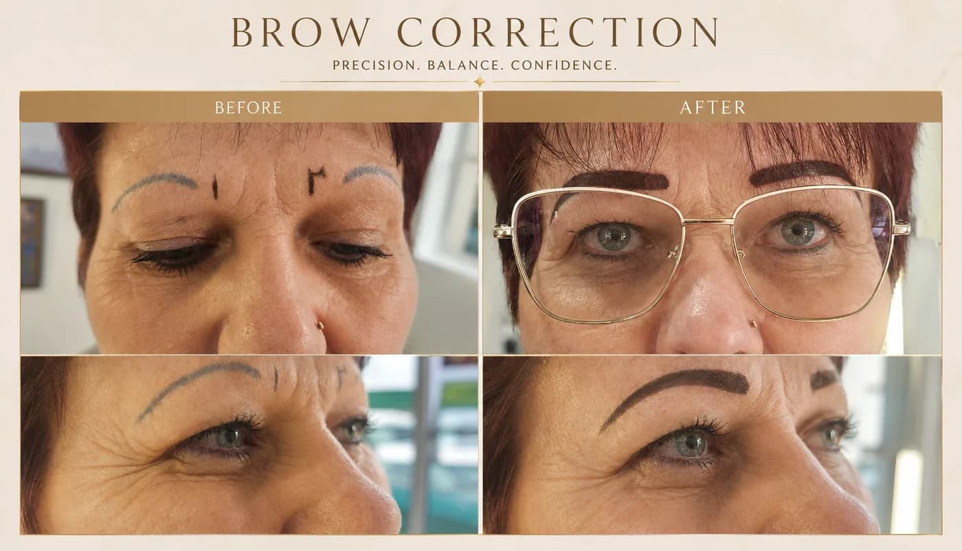 Brow correction shown before and after: uneven, faded brows reshaped into a defined, even pair