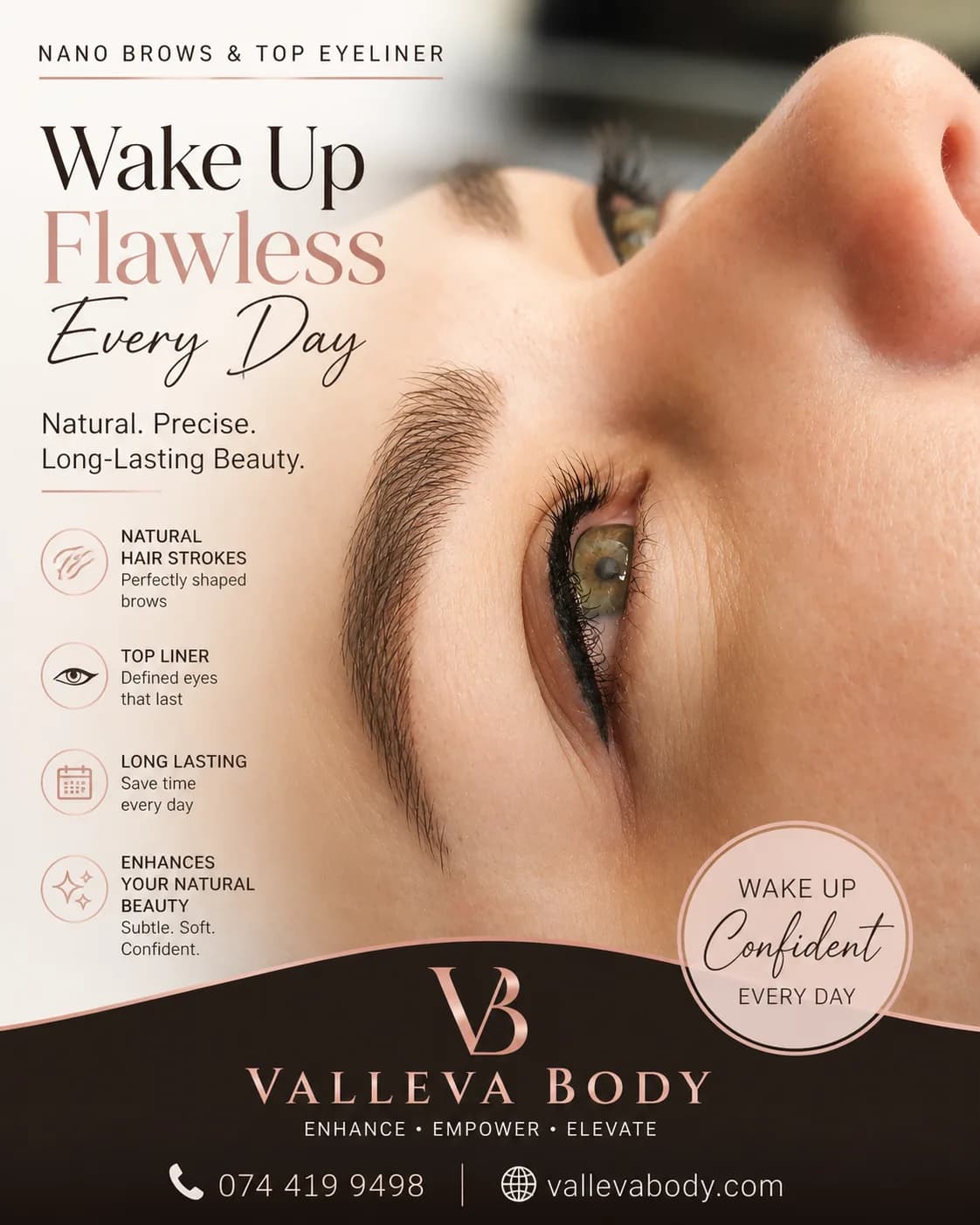 Close-up of nano brows combined with top eyeliner, showing hair-stroke brows above a defined lash line.