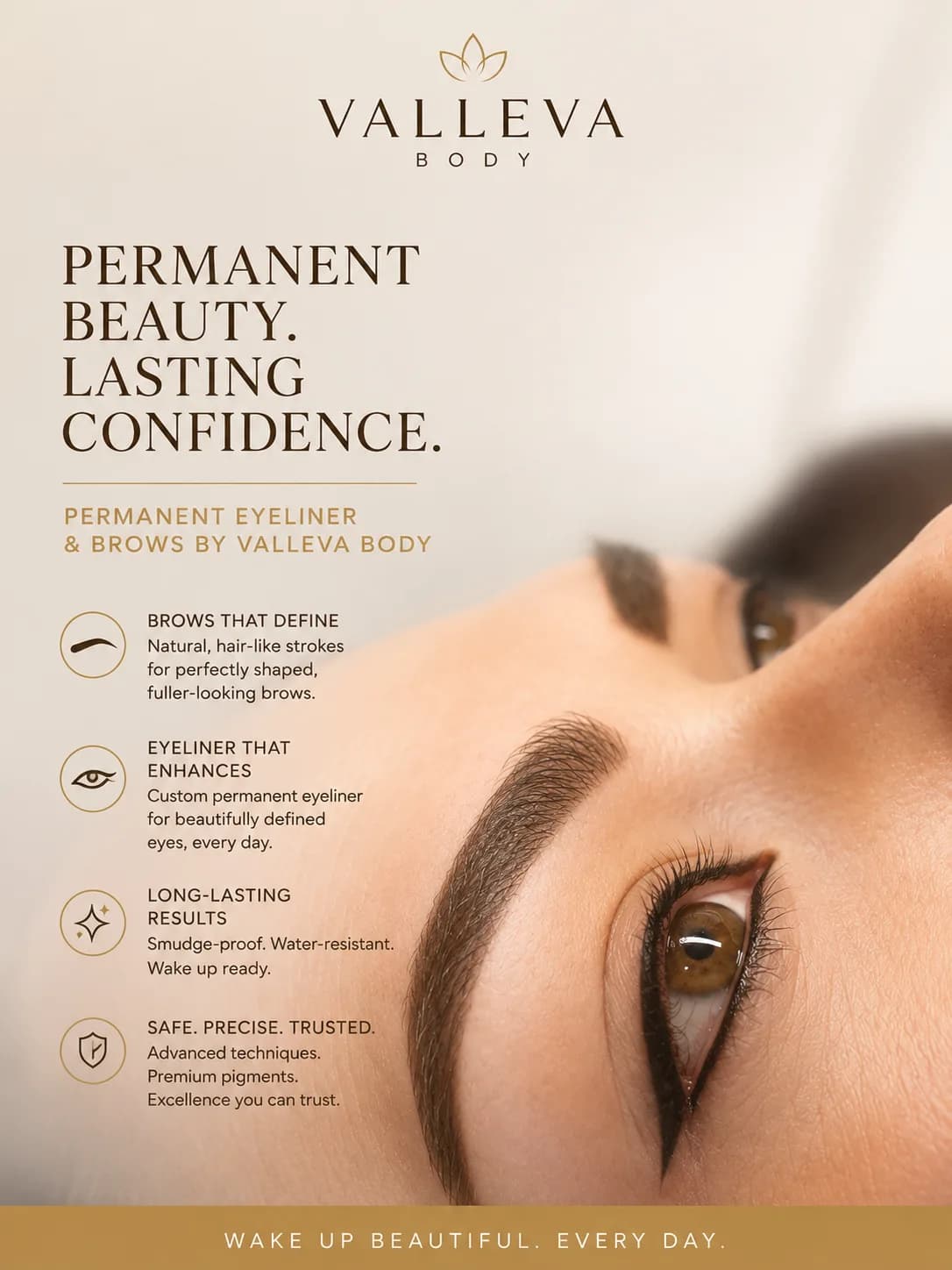 A Valleva Body poster for permanent eyeliner and brows, headed “Permanent beauty. Lasting confidence.” It shows a close-up of a defined winged liner and a hair-stroke brow, and lists four points: brows that define, eyeliner that enhances, long-lasting results that are smudge-proof and water-resistant, and safe, precise technique with premium pigments.
