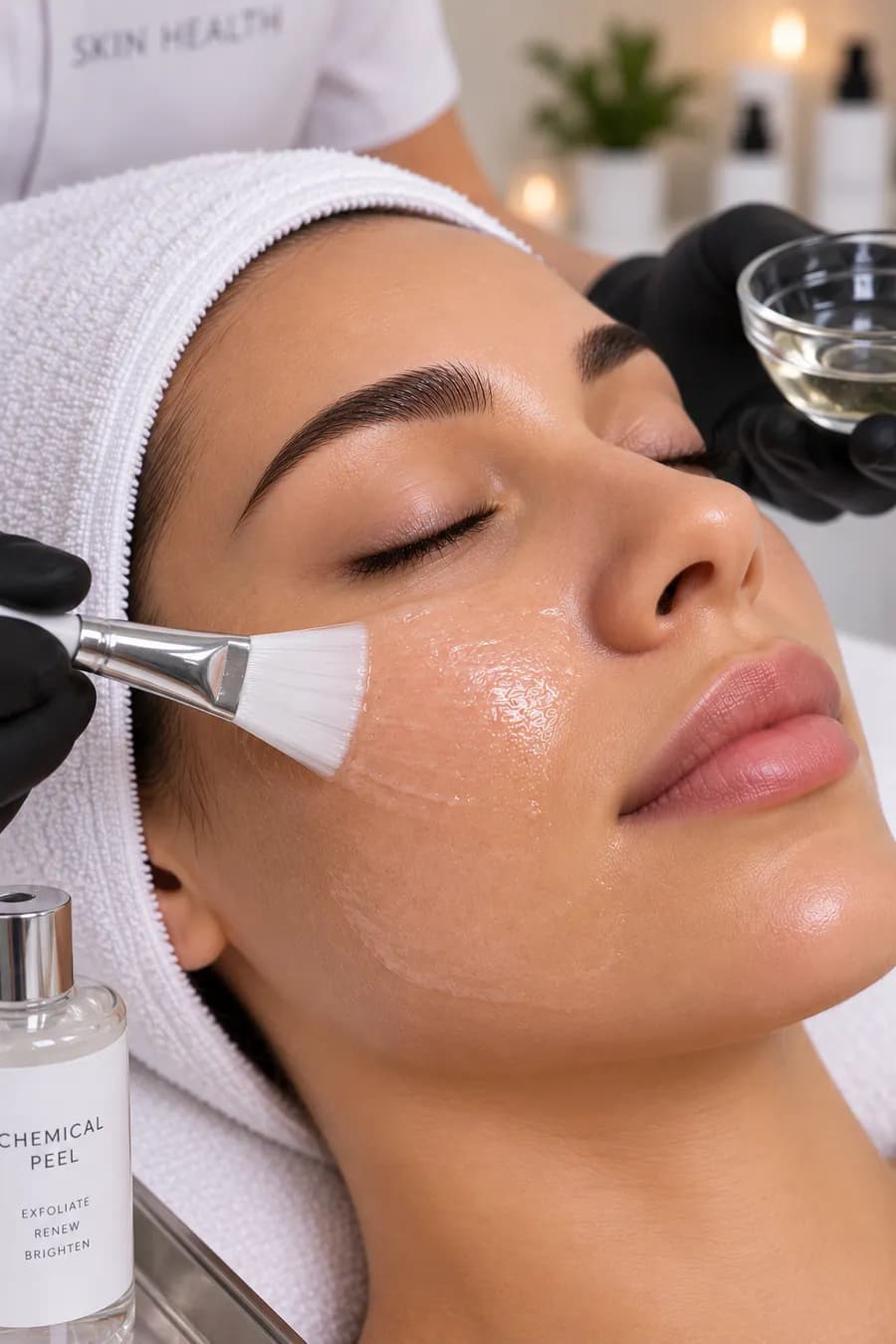 Peel solution being brushed onto the face from a small glass bowl