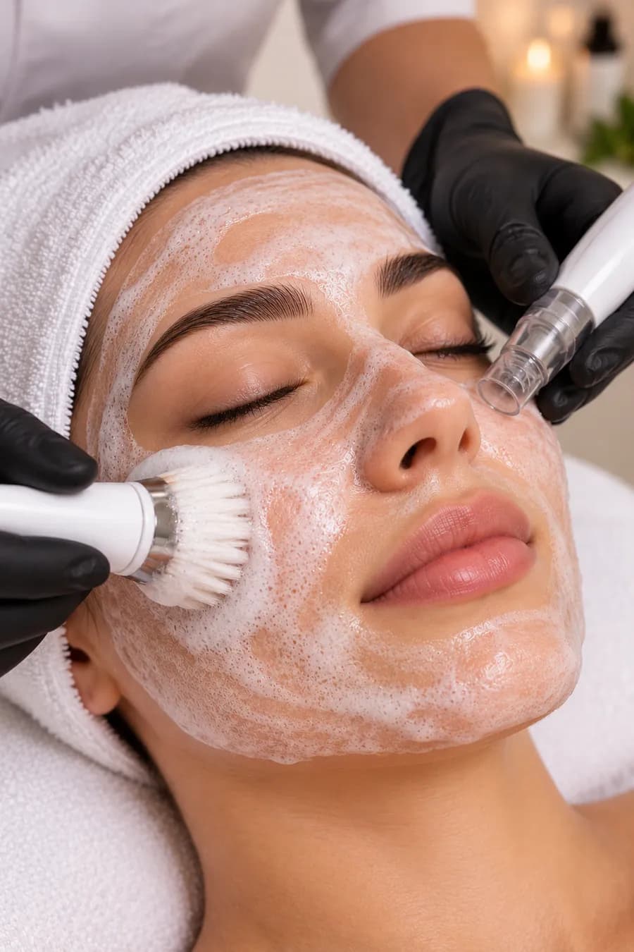 A cleansing brush working foam across the cheek during a facial