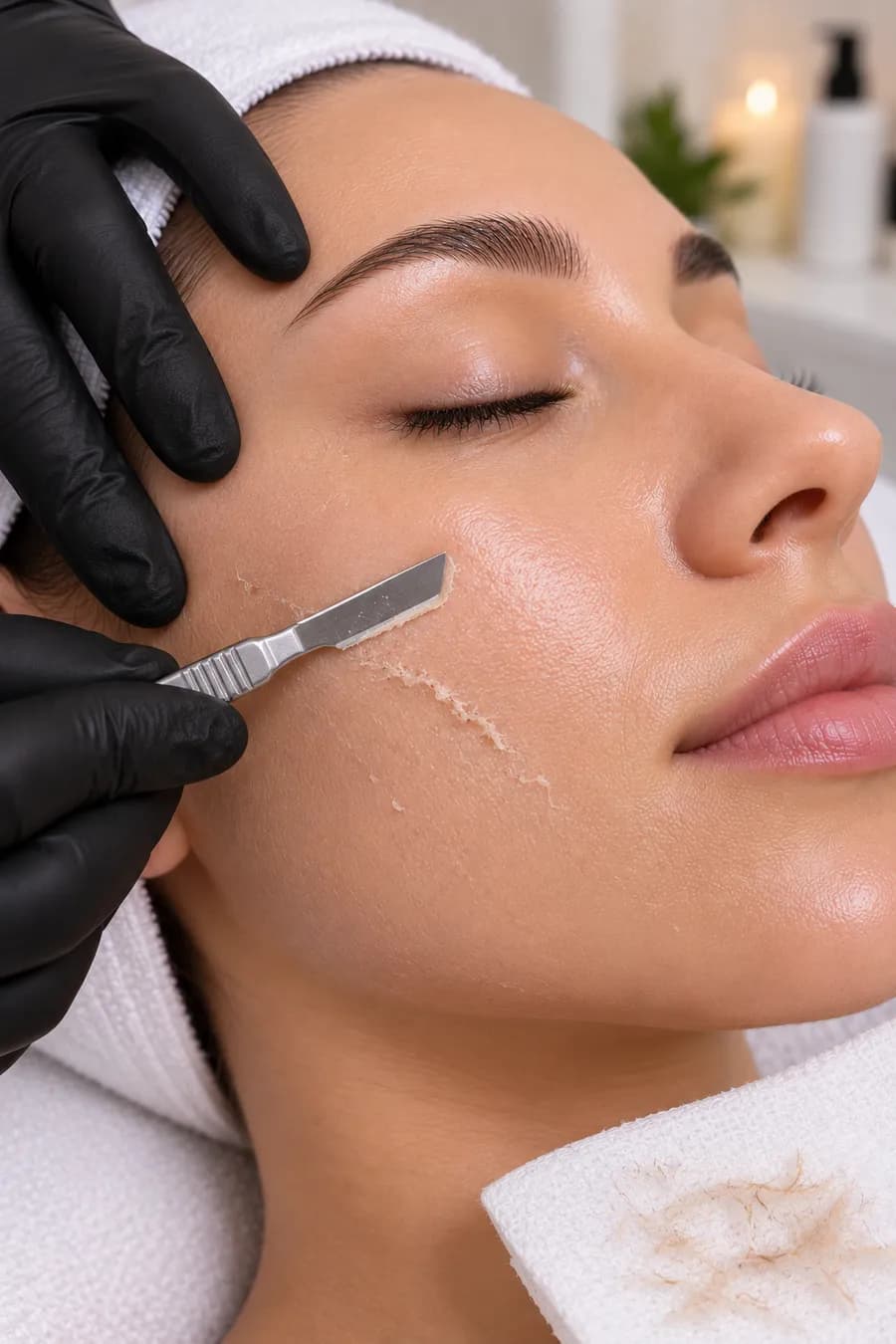 A sterile blade held at an angle against the cheek during dermaplaning