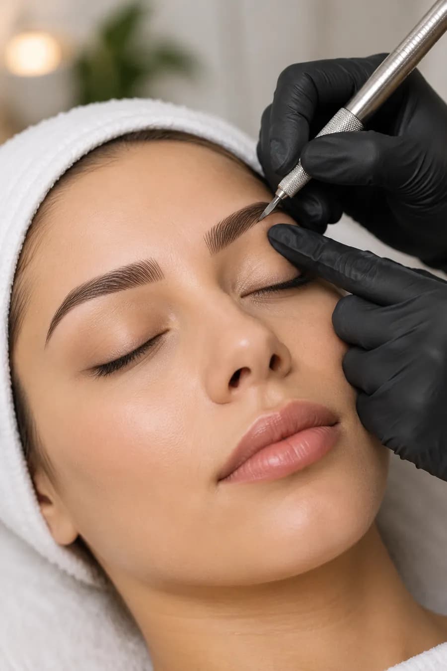 A microblading hand tool placing fine hair strokes through the brow