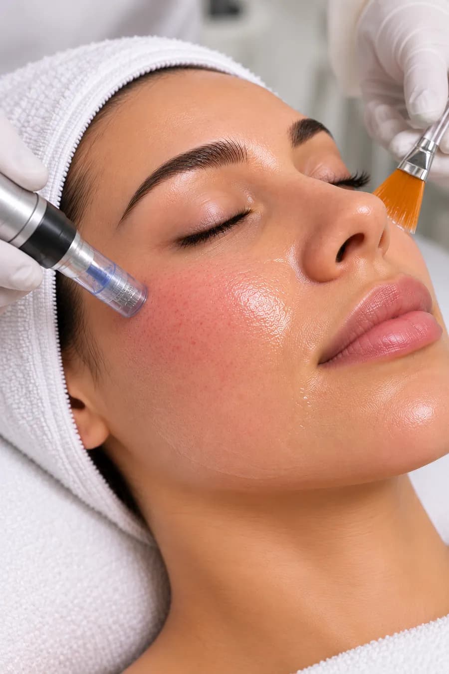 A microneedling pen used alongside peel solution on the face