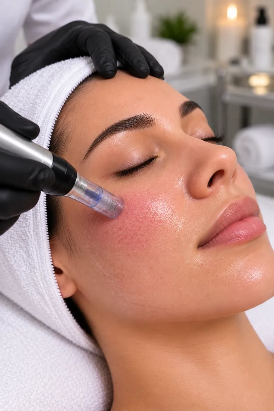 A microneedling pen moving across the cheek, with the skin lightly flushed