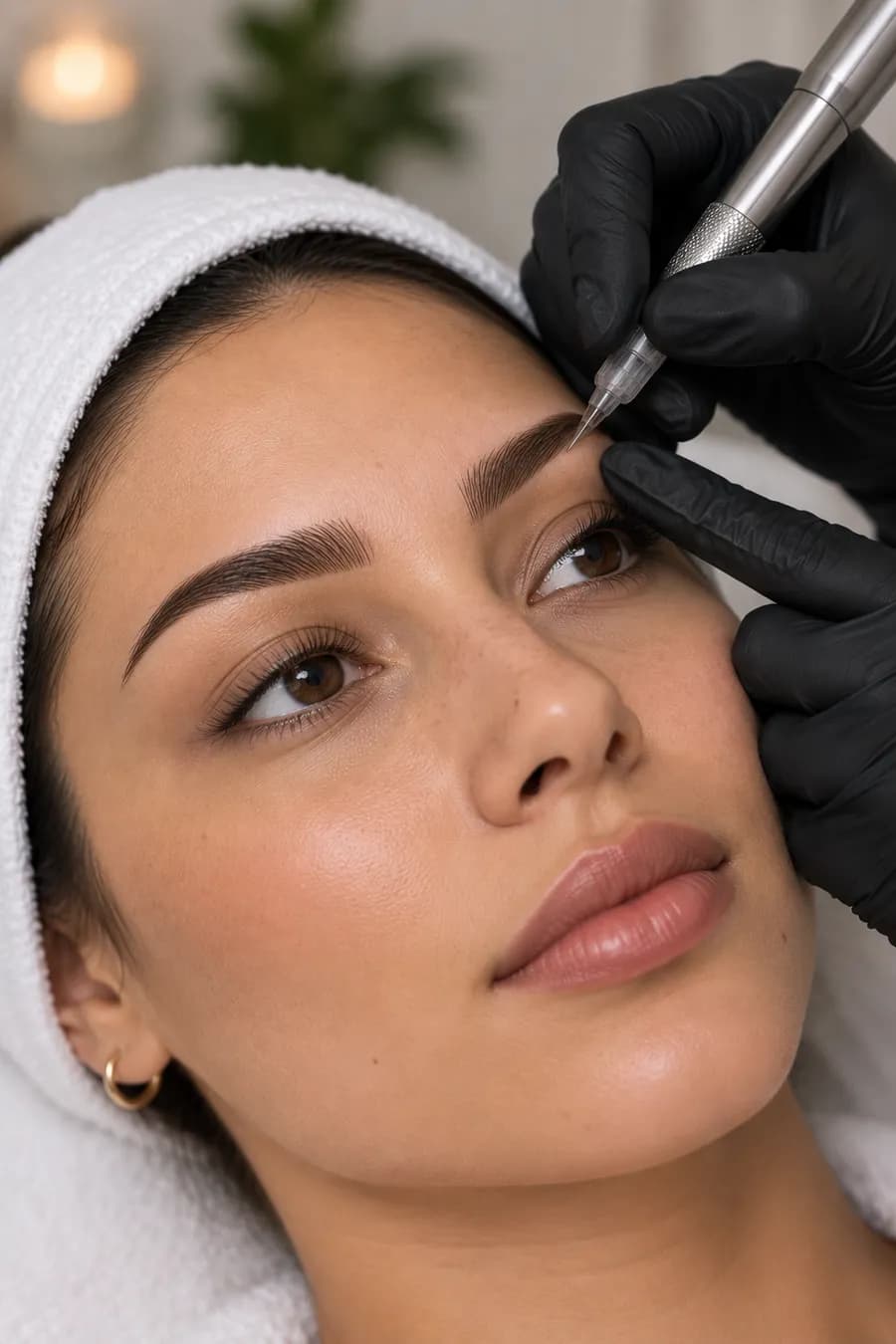 A fine single-needle machine placing hair strokes through the brow
