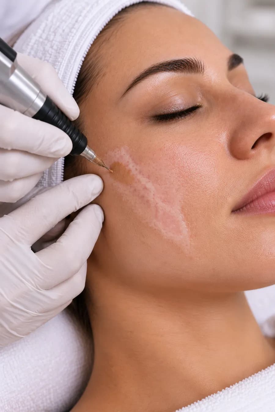 Camouflage pigment being matched and worked into a facial scar