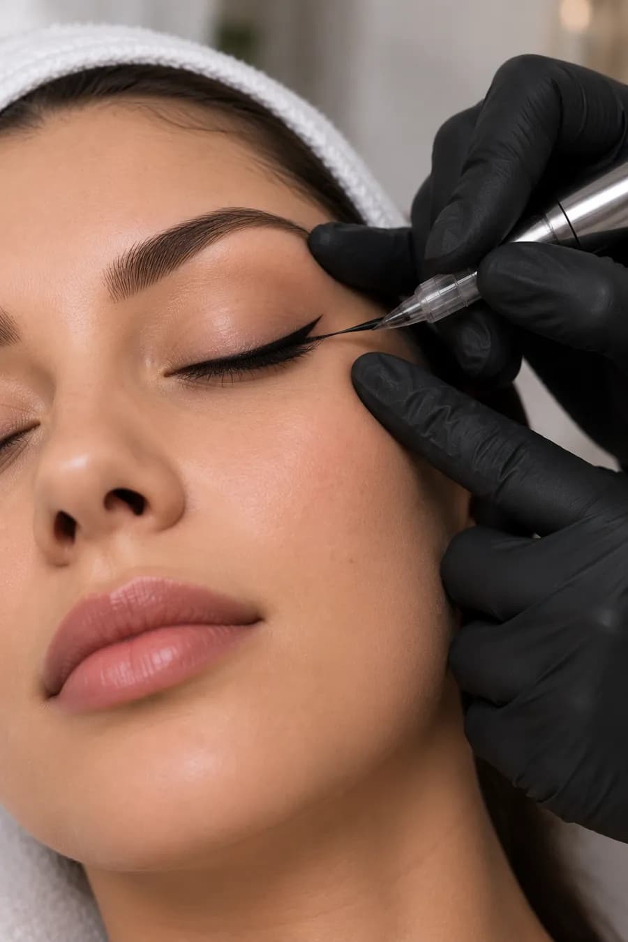Permanent eyeliner being placed along the upper lash line with the eye closed