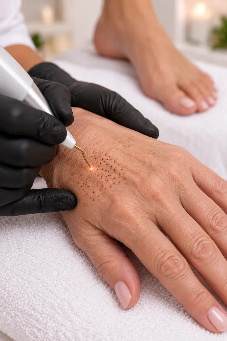 A plasma fibroblasting pen being used on the back of the hand