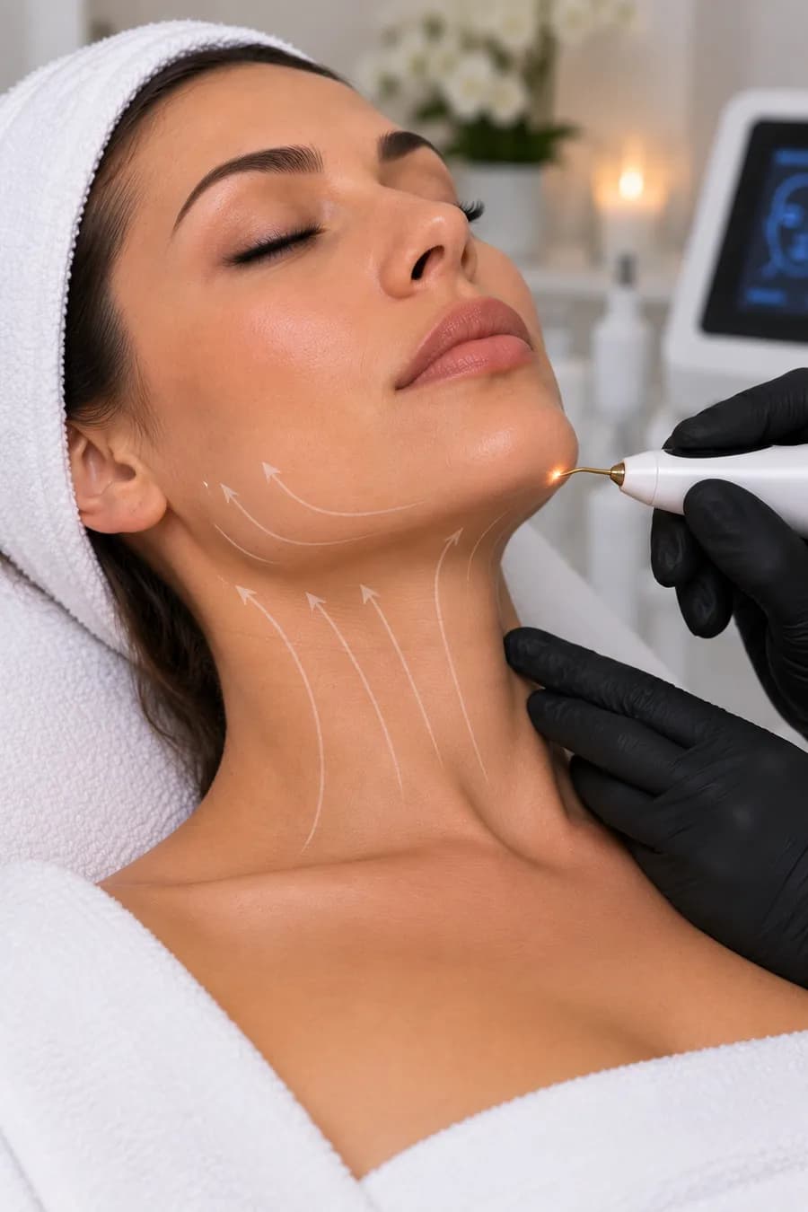 A plasma fibroblasting pen following mapped guide lines along the jaw and neck
