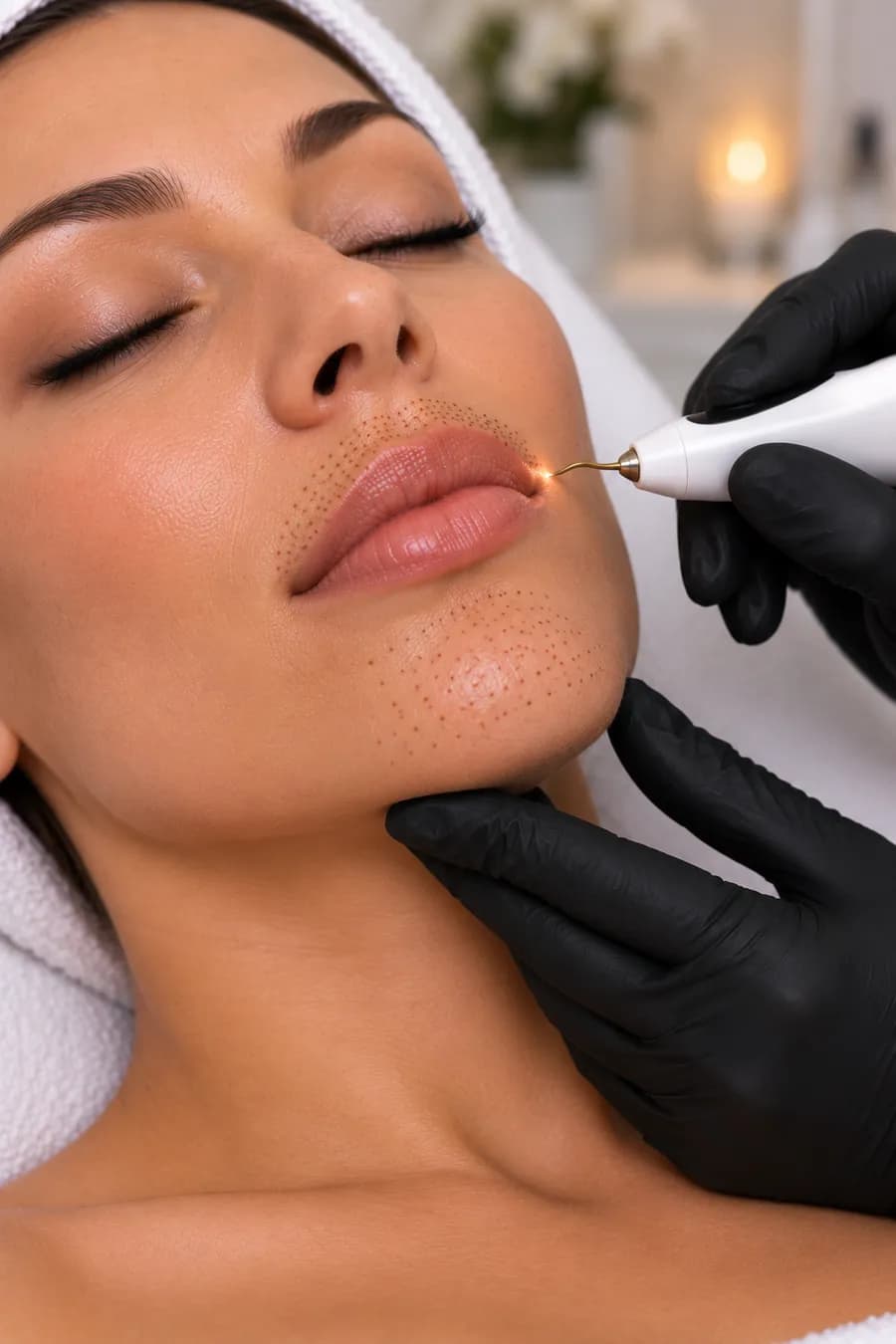 A plasma fibroblasting pen being used around the upper lip and chin