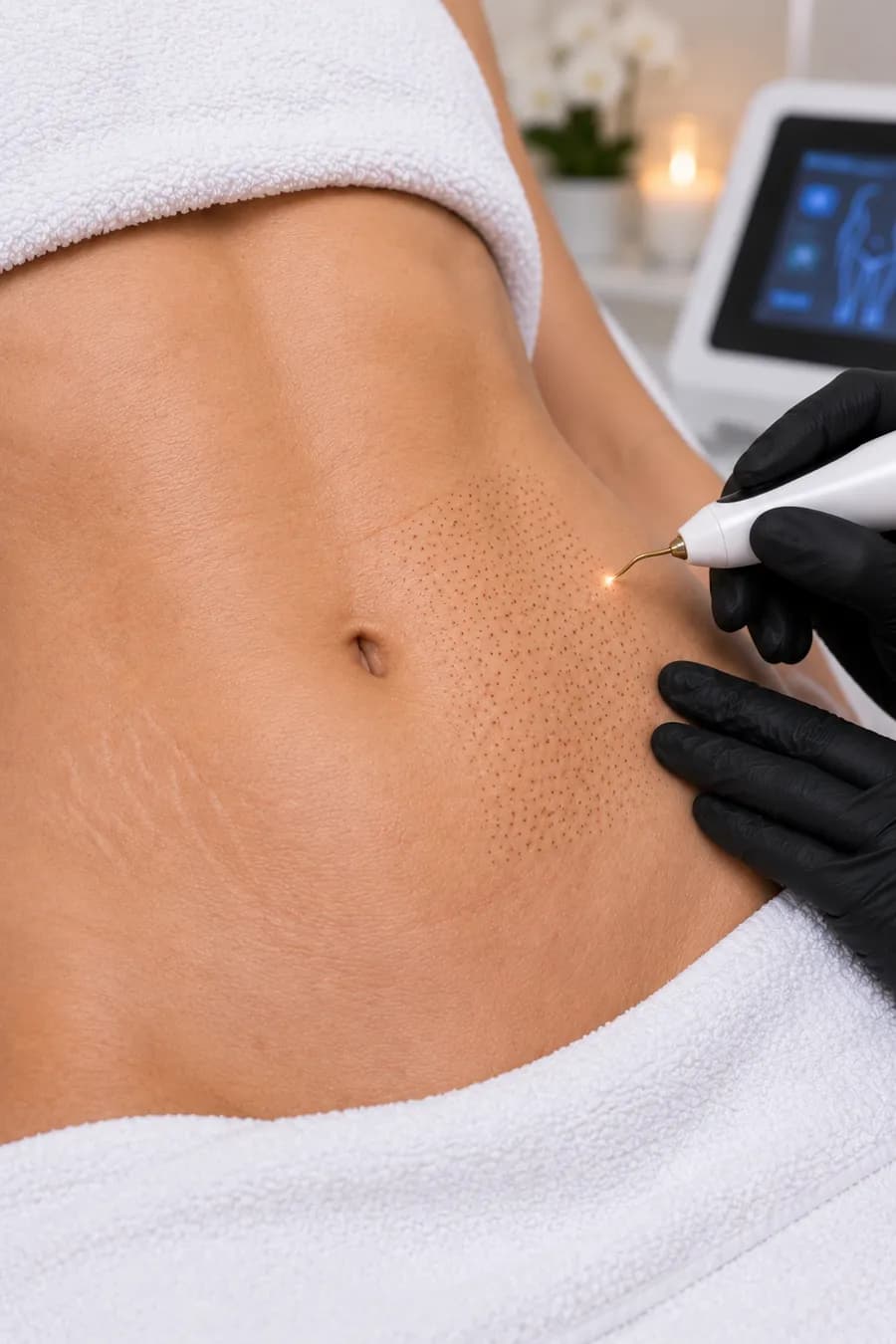 A plasma fibroblasting pen being used across the abdomen