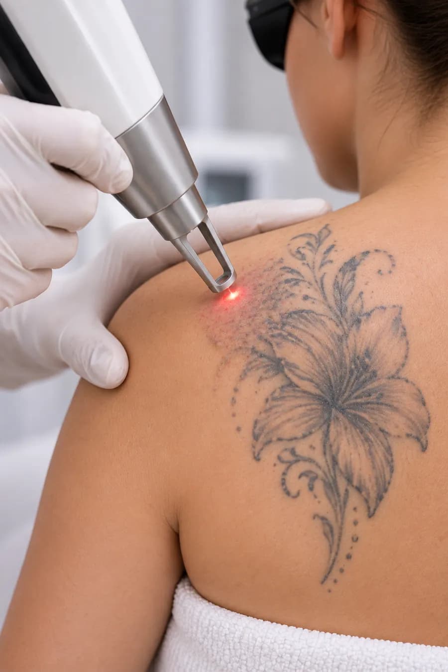 A removal laser passing over a floral tattoo on the shoulder