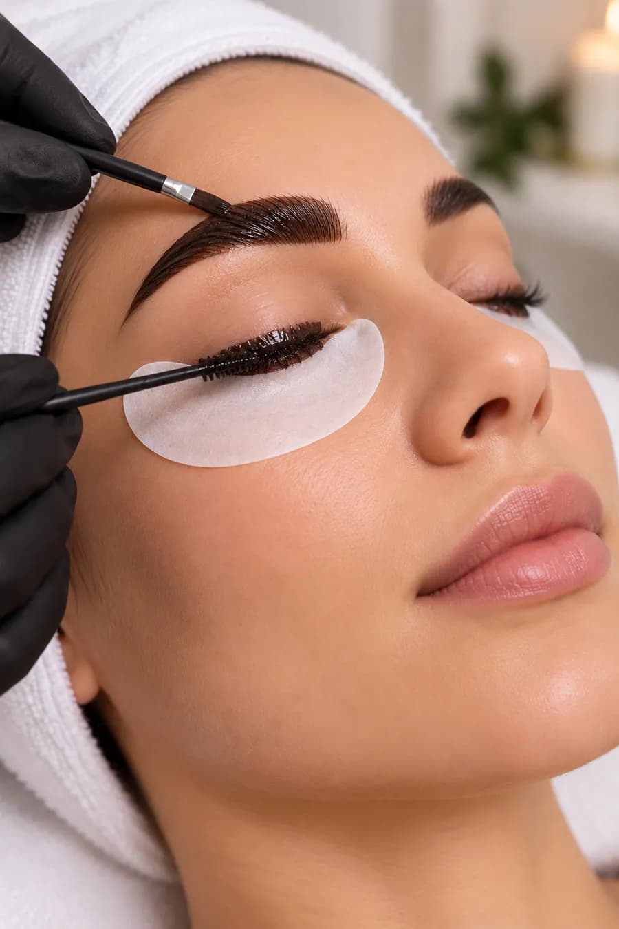 Tint being brushed onto the brow, with the surrounding skin protected