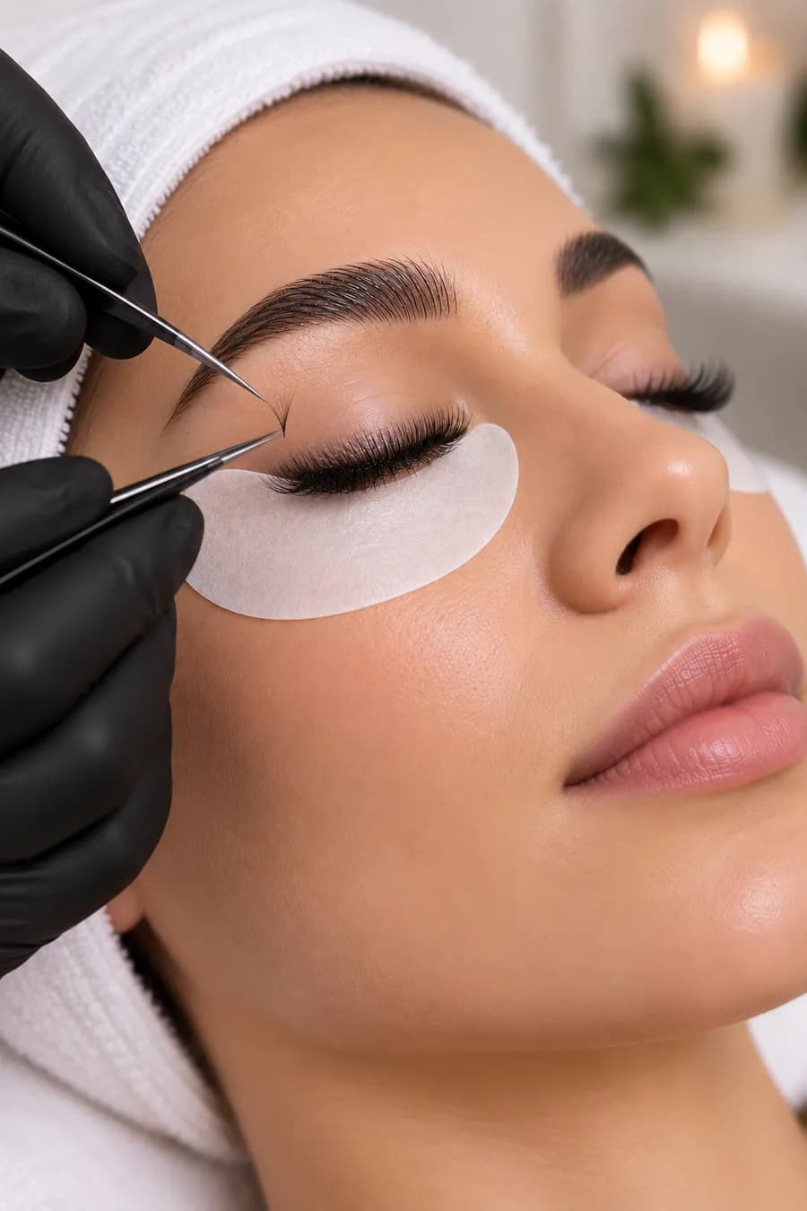 Individual lash extensions being placed with tweezers, with under-eye patches in place