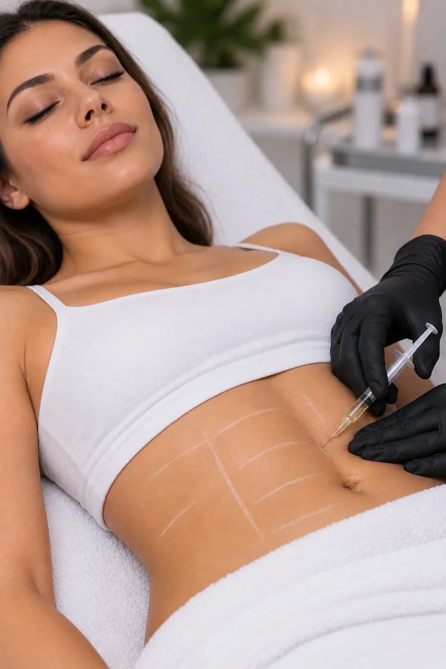 A treatment being administered to a marked area of the abdomen